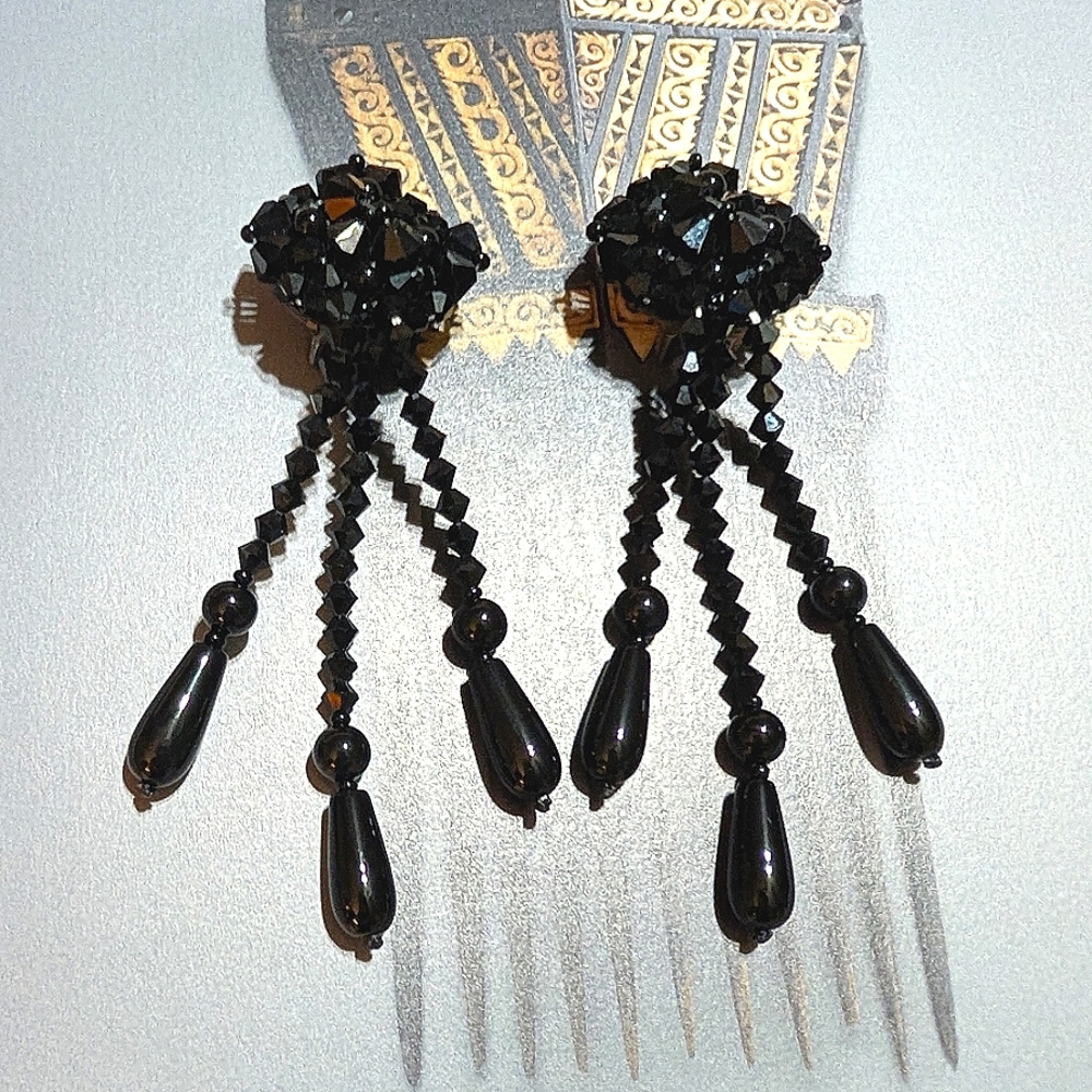 VTG French Jet Shoulder Brusher Earrings 3.5" !!! - Picture 7 of 7